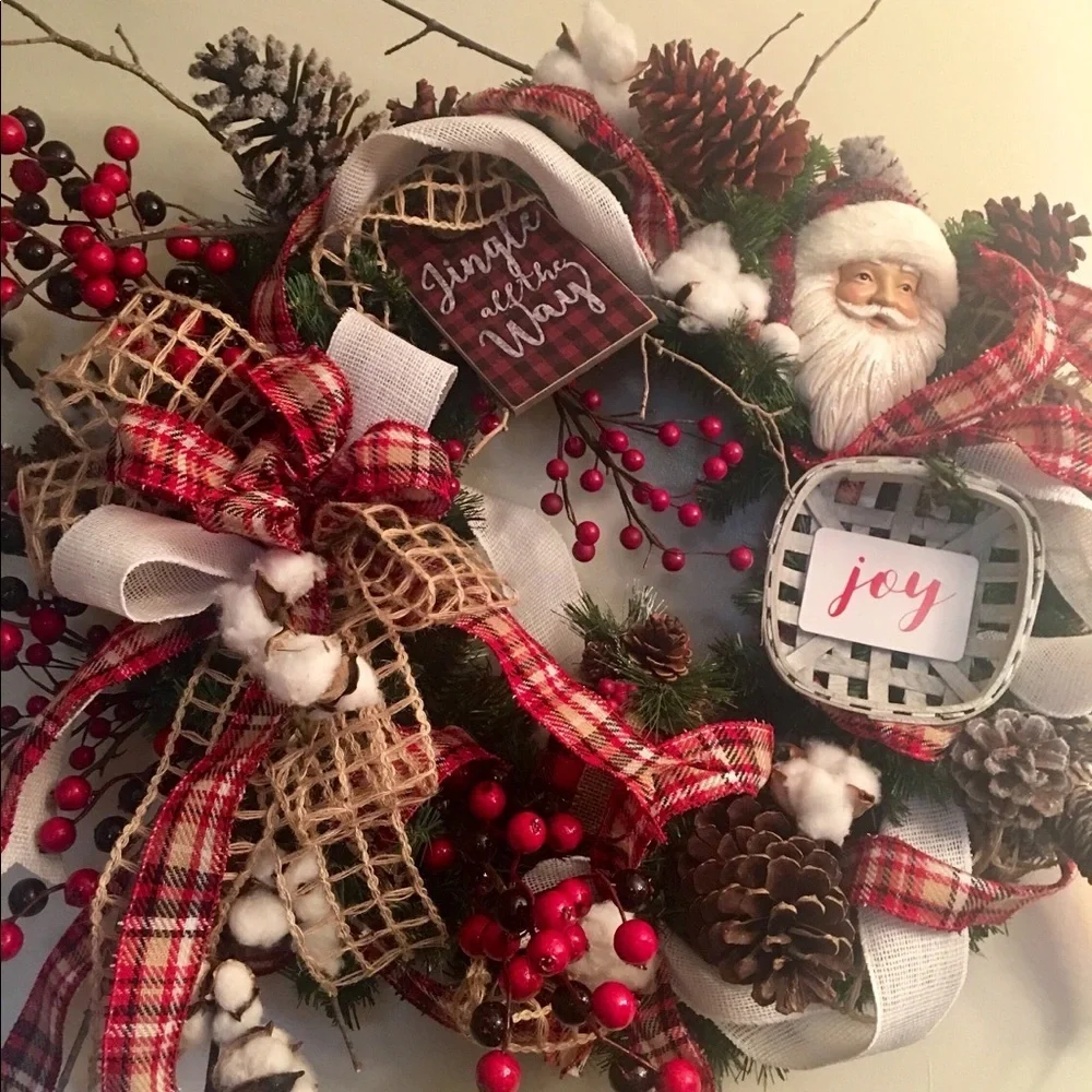New Floral Rustic Designer Farmhouse Plaid Pinecone Christmas Door Wall Wreath
